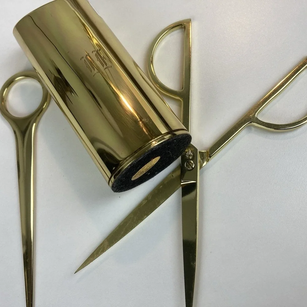 Vintage Modernist Solid Brass Gold Tone Scissors / Letter Opener Desk Set with H